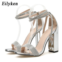 Load image into Gallery viewer, Eilyken Silver Bling Crystal Sexy Women Sandals Square heel Buckle Strap Gladiator Women Sandals Stiletto Wedding Rhine Stone
