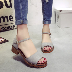 Summer Floral Sandals Fish Mouth Women Sandals Pu Suede Retro High Heels Square Heel Woman Buckle Shoe size 35-40
